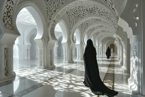 ai generato muslimah con niqab passeggiate nel il lussuoso interno di un' moschea. musulmano donne a moschea. generativo ai foto