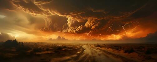 ai generato tempestoso cielo con fulmine scioperi nel il deserto. tempesta di sabbia paesaggio. generativo ai foto