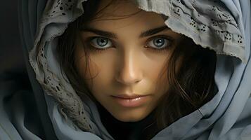 ai generato avvicinamento foto di un' bellissimo Arabo donna nel hijab con sbalorditivo occhi. generativo ai