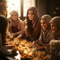 ai generato musulmano famiglia e amici raccolta durante Ramadan con delizioso piatti su il tavolo. iftar cena. generativo ai foto