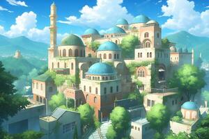 ai generato bellissimo e carino moschea illustrazione con alberi e verde colline nel anime stile. Ramadan sfondo. generativo ai foto