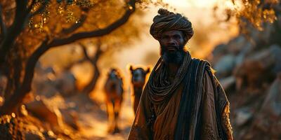 ai generato mezzo orientale uomo con il suo cammelli nel il deserto a tramonto. generativo ai foto