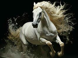 ai generato forte bianca cavallo al galoppo con acqua spruzzi su nero sfondo. generativo ai foto