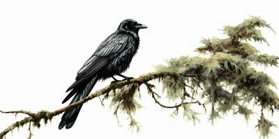ai generato corvo arroccato su un' albero ramo isolato su bianca sfondo. Corvo. generativo ai foto