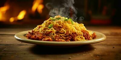 ai generato delizioso fritte spaghetto con fumoso effetto su un' di legno tavolo. generativo ai foto