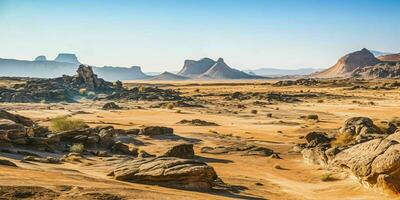 ai generato un' vasto, arido deserto con blu cieli. roccioso deserto paesaggio. generativo ai foto