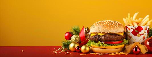 ai generato Natale giorno menù di hamburger e patatine fritte su isolato sfondo, festivo Natale e nuovo anno tema, per manifesti e striscioni, bandiera modello foto