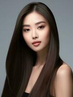 ai generato bellissimo giovane asiatico donna lungo dritto capelli con coreano stile trucco e Perfetto pulito pelle su isolato bianca sfondo, ai generativo foto