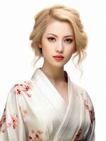 ai generato ritratto di giovane bionda giapponese femmina modello indossare chimono in posa con grazia, isolato bianca sfondo, generativo ai foto