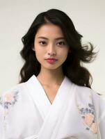 ai generato ritratto di un' giovane giapponese femmina modello indossare un' chimono in posa con grazia, isolato bianca sfondo, ai generativo foto