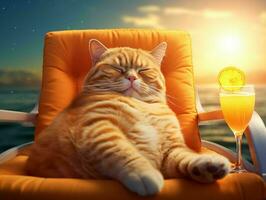ai generato arancia gatto chilling e dire bugie su un' sole lettino godendo arancia succo con luce del sole. generativo ai foto