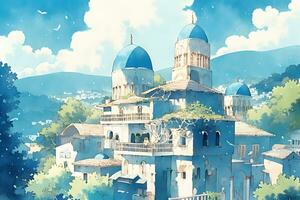 ai generato bellissimo e carino moschea illustrazione con alberi e verde colline nel anime stile. Ramadan sfondo. generativo ai foto