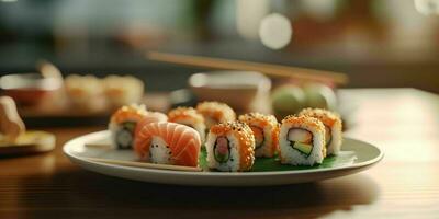 ai generato delizioso Sushi rotoli servito su un' piatto. generativo ai foto