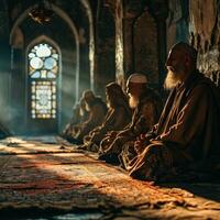 ai generato musulmano uomo preghiere a un' moschea con luce del sole effetto. adorazione Dio. generativo ai foto