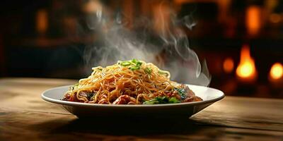 ai generato delizioso fritte spaghetto con fumoso effetto su un' di legno tavolo. generativo ai foto