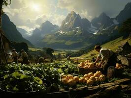 ai generato agricoltori raccogliere patate nel un' campo con montagna Visualizza. generativo ai foto