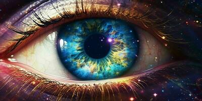 ai generato vicino su Visualizza di il occhio con il universo dentro. generativo ai foto