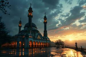 ai generato un' magnifico moschea con un' bellissimo cielo Visualizza a tramonto. generativo ai foto