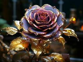 ai generato viola e oro bicchiere rosa fiore con acqua goccioline su esso isolato su nero sfondo. generativo ai foto