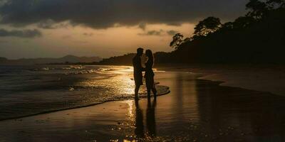 ai generato romantico coppia hold mani su il spiaggia a tramonto. generativo ai foto