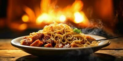 ai generato delizioso fritte spaghetto con fumoso effetto su un' di legno tavolo. generativo ai foto