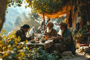 ai generato contento e allegro mezzo orientale vecchio uomo seduta e godendo un' pasto insieme all'aperto. generativo ai foto