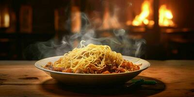 ai generato delizioso fritte spaghetto con fumoso effetto su un' di legno tavolo. generativo ai foto