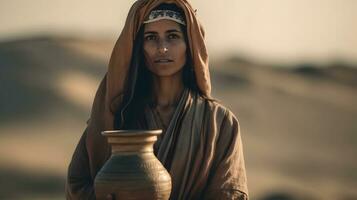 ai generato ritratto di bellissimo arabo donna con sorprendente occhi nel il deserto. mezzo orientale donna. generativo ai foto
