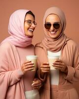 ai generato contento giovane musulmano donna con sua amico ridendo insieme e Tenere un' tazza di caffè. generativo ai foto