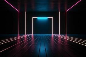 ai generato moderno buio camera con raggiante neon Linee con retrò anni 80 stile. futuristico interno con laser effetto. generativo ai foto