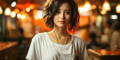 ai generato ritratto di carino e giovane corto capelli asiatico donna con sfocato bar sfondo. generativo ai foto
