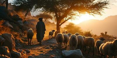 ai generato un' mezzo orientale uomo mandrie un' gregge di pecora nel un' deserto valle a tramonto. generativo ai foto