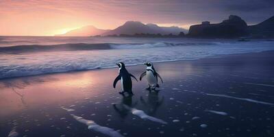 ai generato un' paio di pinguini godere il bellezza di il spiaggia a crepuscolo. pinguino coppia. generativo ai foto