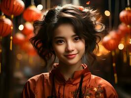 ai generato bellissimo corto dai capelli asiatico donna nel tradizionale vestito con sfocato lanterna sfondo. asiatico donne celebrare il lunare nuovo anno Festival. generativo ai foto