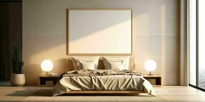 ai generato minimalista beige letto camera interno design con vuoto bianca immagine telaio modello. generativo ai foto