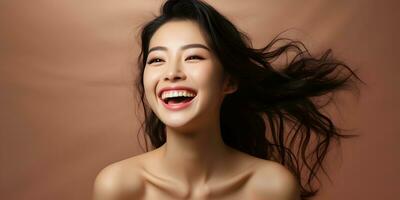 ai generato ritratto di un' sorridente lungo dai capelli e giovane asiatico donna con copia spazio sfondo, per bellezza, moda, cura della pelle o cosmetico prodotti. generativo ai foto