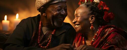 ai generato romantico anziano africano coppia Abbracciare una persona ogni altro con tramonto Visualizza. generativo ai foto