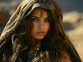 ai generato ritratto di bellissimo velato arabo donne con deserto sfondo. vicino su di mezzo orientale donne con bellissimo occhi. generativo ai foto
