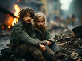 ai generato un' gruppo di profugo bambini sedersi nel il mezzo di un' devastato dalla guerra città. bambini nel guerra zona. generativo ai foto