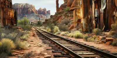 ai generato arrugginito Ferrovia traccia su occidentale deserto. abbandonato treno traccia. generativo ai foto