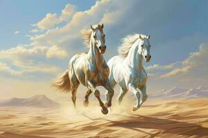 ai generato argento cavalli al galoppo nel il deserto sabbia. generativo ai foto