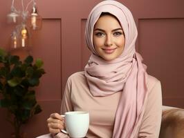 ai generato bellissimo musulmano donna nel rosa hijab Tenere un' tazza di caffè. generativo ai foto