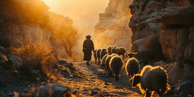 ai generato un' mezzo orientale uomo mandrie un' gregge di pecora nel un' deserto valle a tramonto. generativo ai foto