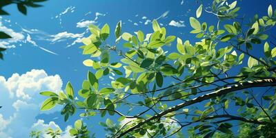 ai generato fresco verde le foglie con nuvoloso blu cielo Visualizza. generativo ai foto