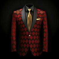 ai generato lusso e elegante rosso Uomini completo da uomo con astratto motivo isolato su nero sfondo. generativo ai foto