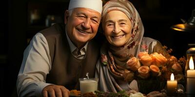 ai generato contento e romantico vecchio musulmano coppia. generativo ai foto