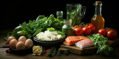 ai generato preparativi di crudo carne, latte, uova, e verdure su nero sfondo. generativo ai foto