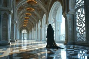 ai generato muslimah con niqab passeggiate nel il lussuoso interno di un' moschea. musulmano donne a moschea. generativo ai foto