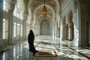 ai generato muslimah con niqab passeggiate nel il lussuoso interno di un' moschea. musulmano donne a moschea. generativo ai foto