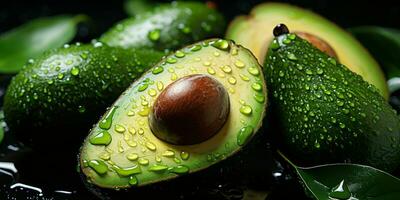 ai generato fresco avocado con acqua goccioline su nero sfondo. generativo ai foto